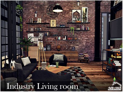 Loft Cc Sims 4, Industrial Cc Sims 4, Sims4 Living Room Ideas, Sims 4 Cc Industrial, Industrial House Interior, Grunge Living Room, Wall Art Sets Living Room, Loft Style Living Room, Living Room Sims 4