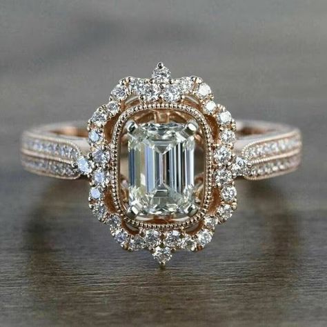 2.5 Emerald Cut White Moissanite Vintage Style Engagement Ring Cluster Halo Ring Unique Flower Engagement Rings, Historic Engagement Rings, Dainty Antique Engagement Rings, Engagement Rings With Green Stones, Non Traditional Engagement Rings Emerald, Vintage Engagement Rings 1920s, Gold Vintage Wedding Rings, Vintage Cluster Engagement Ring, Emerald Cut Vintage Engagement Ring