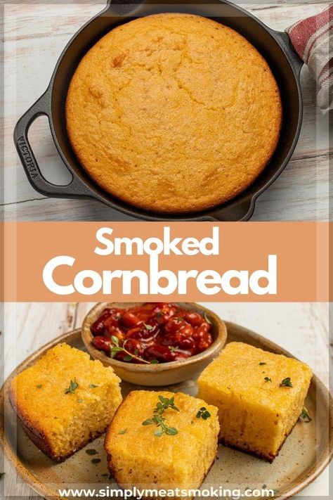 This smoked cornbread recipe will level up your BBQ sides!  Enjoy tender cornbread infused with smoky flavor.   It takes just 2 minutes to mix it up. Perfect for pellet grills or smokers, smoked cornbread is the ultimate side for your favorite BBQ dishes. Pellet Grill Side Dish Recipes, Sides On Smoker, Easy Smoked Recipes, Traeger Side Dishes, Smoked Thanksgiving Recipes, Smoked Sides Dishes, Smoker Sides Dishes, Grilled Cornbread, Smoked Cornbread