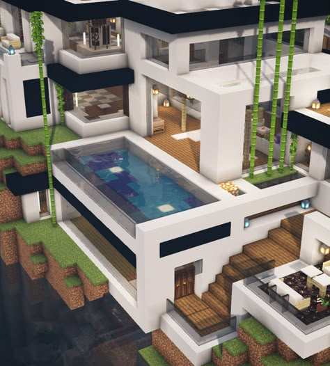 Minecraft Walkway Ideas, Black Modern Mansion, Pool In Minecraft, Minecraft House Decor, Modern House Minecraft, Modern Minecraft Houses, Rumah Minecraft Sederhana, Minecraft Mansion, Minecraft Structures