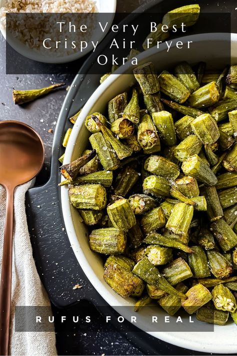 Picture of Crispy Air Fryer Okra garnished with smoked sea salt and fresh ground pepper in a light gray serving bowl and a copper colored spoon at the side Air Fried Okra Recipe, Air Fryer Okra, Okra Chips, Frozen Okra, Low Glycemic Snacks, Okra Recipe, Fried Okra, Okra Recipes, Packaged Snacks