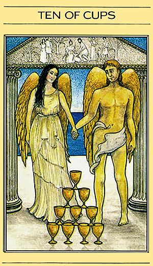 Free Daily Tarotscope — Apr 7, 2015 — Ten of Cups -- Today you may be thinking about your “happily ever after” in the form of a marriage or soul-mate type relationship. The symbolism depicted in this card — from the Mythic Tarot’s deck — certainly depicts this type of union. (more).... Ten Of Cups, Eros And Psyche, Cups Tarot, Free Tarot Reading, Daily Tarot, Tarot Cards Art, Tarot Card Meanings, Minor Arcana, Tarot Art