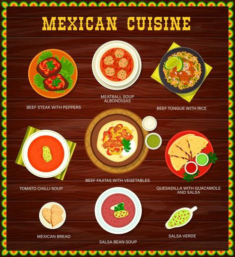 Mexican food restaurant dishes menu vector page Chilli Soup, Mexican Food Restaurant, Mexican Bread, Beef Fajitas, Beef Tongue, Meatball Soup, Restaurant Dishes, Food From Around The World, Global Cuisine