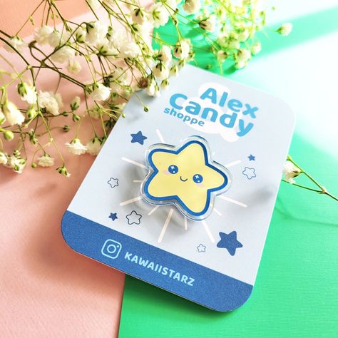 Keep a little wishing star with you for lucky wherever you go! This acrylic pin is was designed as an ode to my Instagram handle "Kawaiistarz"! Each pin comes with a yellow rubber backing clutch. ☆Approximate size: 1.25 inches x 1.17 inches Note: Color may vary due to monitor calibrations. Each pin comes with a protective clear film to prevent scratching. Remove this first to reveal the shiny glossy pin underneath! Pin Packaging, Acrylic Pins Aesthetic, Kawaii Button Pins, Cute Hair Pins Kawaii, Kawaii Brooch, Kawaii Cloud, Pink Kawaii Enamel Pin Gift, Shrink Art, Backpack Pins