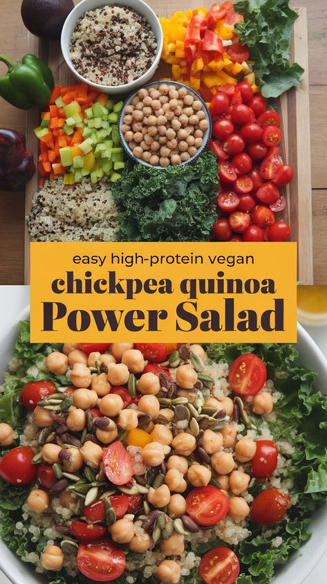 Packed with protein-rich chickpeas and quinoa, this power salad is perfect for a healthy, satisfying meal. Loaded with fresh veggies and a zesty dressing, it’s a delicious way to fuel your day while staying plant-based! Great for meal prep or a quick lunch. #VeganProtein #QuinoaSalad #HealthyMeals Protein Chickpea Salad, Raw Vegan Salad Recipes, High Protein Vegan Salad, Quinoa Power Salad, Easy Vegan Meal Prep, Plant Based Proteins, Chickpea Quinoa, Power Salad, Plant Based Recipes Easy