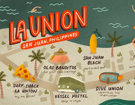 Illustrated map of a neighborhood in La Union, Philippines. Food Magazine Cover, La Union Philippines, Hot Illustration, Philippines Tourism, Design Print Layout, Philippine Map, Colourful Illustration, Illustrated Maps, Branding Portfolio