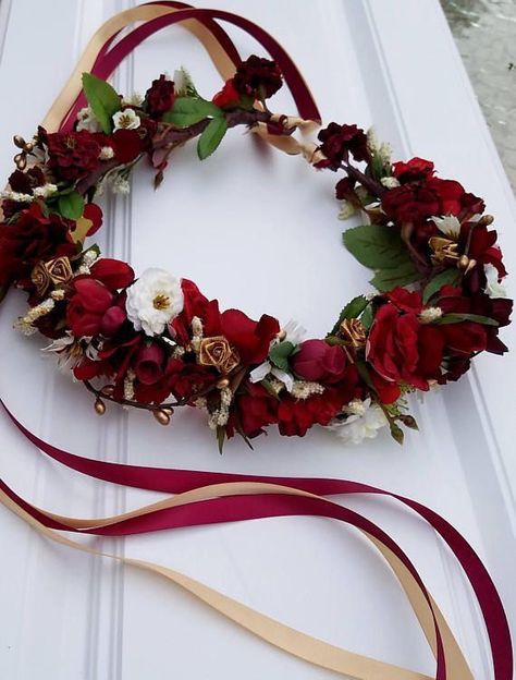 Fairy Halo, Burgundy Flower Crown, Destination Wedding Hair, Wedding Bridesmaid Flowers, Summer Weddings Bridesmaids, Crown Fairy, Red Flower Crown, Bridal Party Accessories, Bridal Hair Wreath