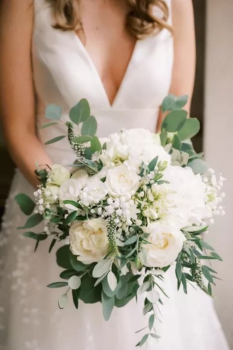 Green & white bridal bouquet Check more at https://beautyfashionideas.com/bridal/green-white-bridal-bouquet/ Emerald Green Weddings Bridesmaid White Bouquets, White Wedding Bridal Bouquet, Bridal Bouquet White Roses Eucalyptus, Wedding Green Bouquet, Wedding White And Green Flowers, White Peony And Greenery Bouquet, Wedding Green Flowers, Wedding Green And White Decor, Wedding Decoration Green And White