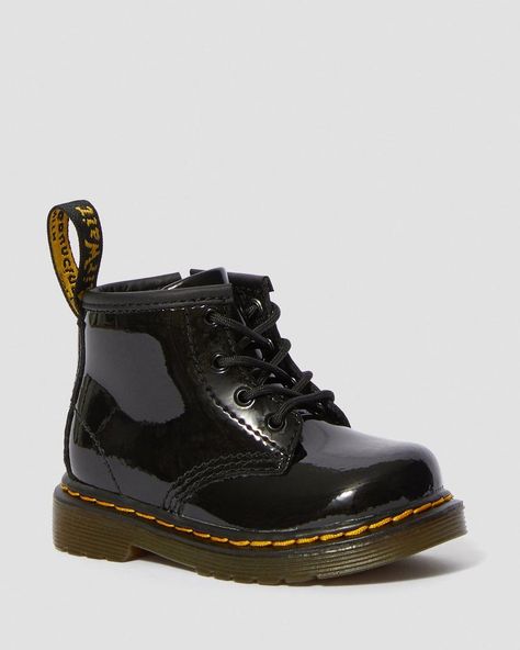 INFANT 1460 PATENT | Patent Leather Boots & Shoes | The Official CA Dr Martens Store Baby Routine, Patent Leather Boots, Toddler Boots, School Style, Leather Lace Up Boots, Airport Fashion, Children's Fashion, Baby Boots, Boot Brands