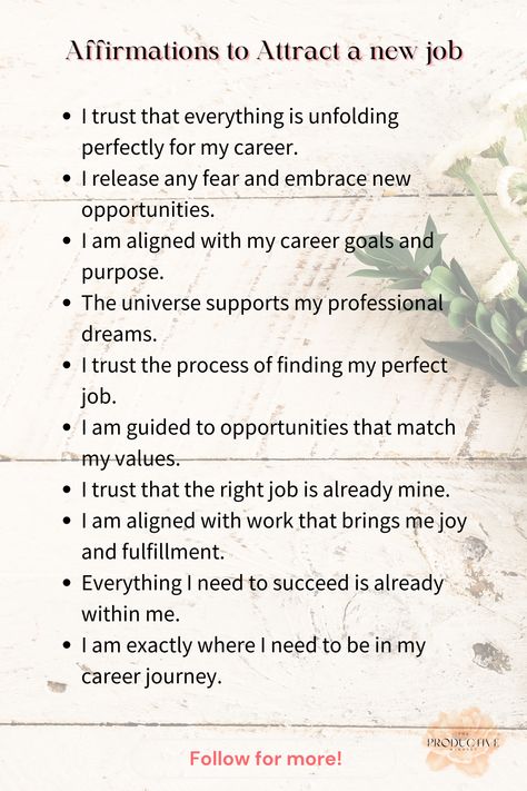 Your mindset shapes your career! Use these affirmations to attract job opportunities, boost confidence, and manifest the success you deserve. 💪✨ Combine affirmations with journaling to gain clarity, set goals, and stay motivated throughout your job search. Ready to take control of your professional growth? Click to follow for more career and mindset tips & check out my 3-Year Digital Journal—designed to help professionals stay focused and inspired! 📖💛 #CareerSuccess #ManifestYourDreamJob #JournalingforGrowth Attract Job, Confidence At Work, Career Affirmations, Job Career, Mindset Tips, My Values, Boost Confidence, Professional Growth, Unlock Your Potential