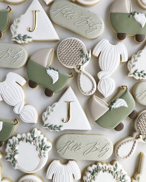 Sage Green Cookies Birthday, Sage Green Cookies, Sage Green And Brown Gender Reveal, Gender Neutral Cookies Shower Ideas, Rustic Baby Shower Cookies, Sage Green Baby Shower Cookies, Green Baby Shower Cookies, Gender Neutral Baby Shower Cookies, Boho Gender Reveal Cookies