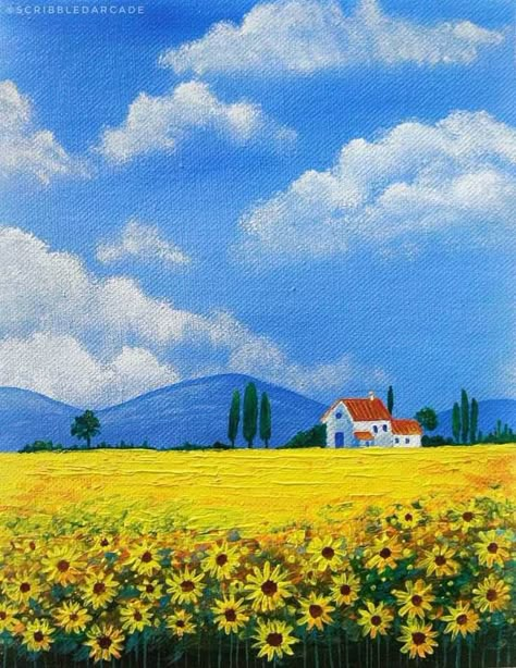 Sunflower Painting Landscape, Tuscany Paintings Landscapes, Simple Flower Field Painting, Acrylic Field Painting, Easy Painting Nature, Sunflower Field Painting Easy, Sunflower Field Acrylic Painting, Acrylic Painting Flower Field, Flower Field Painting Easy