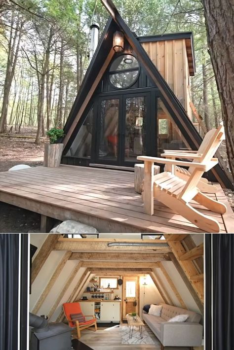 200 Sq Ft A Frame Cabin, Tiny A Frame, Small A Frame Cabin, Pallet House Plans, Small House Pictures, Diy A Frame Cabin, Tiny A Frame Cabin, Cordwood Homes, Brunswick House