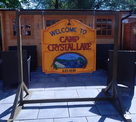 Friday the 13th Camp Crystal Lake Signs by Twisted… Diy Jason Voorhees Prop, Camp Crystal Lake Halloween Decorations, Camp Crystal Lake Party, Friday The 13th Birthday Party, Friday The 13th Party Ideas, Camp Crystal Lake Sign, Friday The 13th Party, Halloween Camping Decorations, Movie Birthday Theme