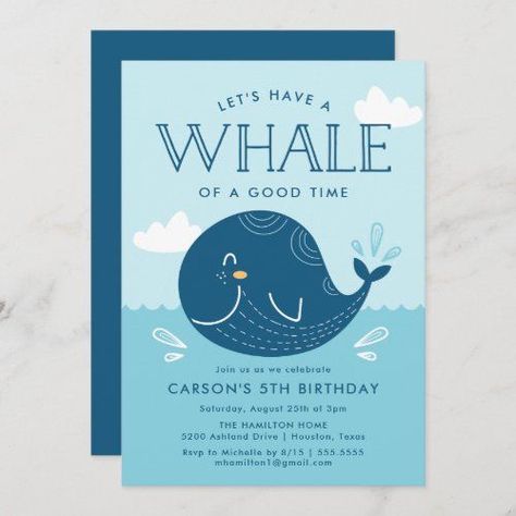 Whale Birthday Party, Whale Birthday Parties, Whale Party, Whale Swimming, Summer Birthday Invitations, Birthday Typography, Whale Birthday, Cartoon Whale, Swimming In The Ocean