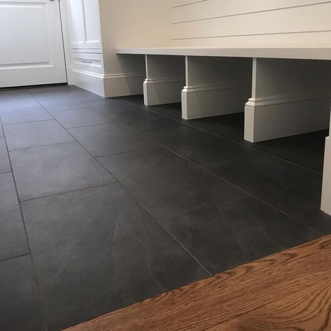 Mike Corona on Instagram: “Mudroom envy 🤩  12x24” black slate porcelain  Simple & Clean ✅  #coronamarbleandtile #teamcoronatile #professional #tilecontractor #tileart…” Black Tile Floor Mudroom, Black Square Floor Tile, Black Slate Floors Kitchen, Black Mudroom Tile, Mudroom Slate Floor, Ways To Lay 12x24 Tile, Black Slate Entryway Floor, Porcelain Slate Floor Tile, Black Entryway Tile