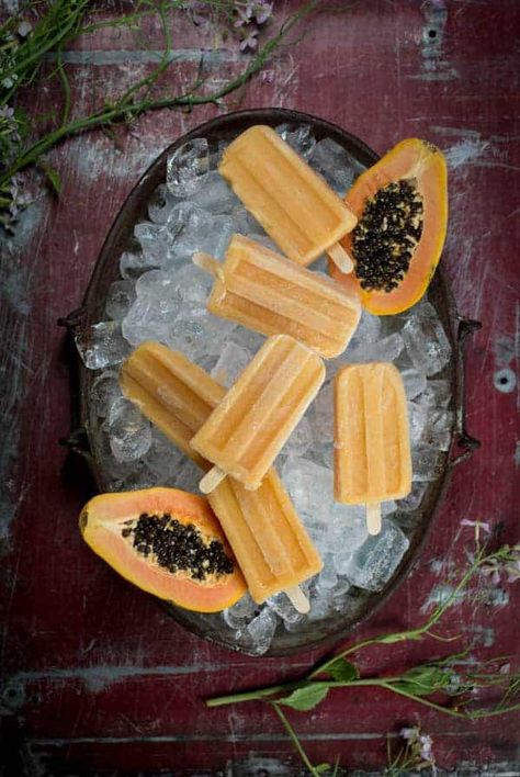 Papaya, Coconut, and Citrus Popsicles | This Mess is Ours Easy Popsicle Recipes, Homemade Popsicles, Healthy Ice Cream, Mango Coconut, Ice Lolly, Ice Cream Popsicles, Popsicle Recipes, Frozen Desserts, Frozen Treats