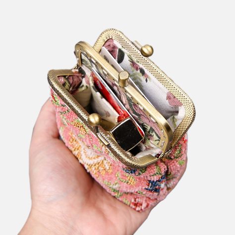 With a nod to the Victorian era, MCW’s freshly combines the classic and elegant design of the traditional carpet bag with a textural and tactile twist.The main body of coin purse is made with rich chenille carpet, cotton floral canvas, and brass clasp with double kiss lock.There are pockets for ID and cards on both side of middle panel, which makes this coin purse very functional and easy to organize your ID, cards, money and coins. This Victorian Carpet Coin Purse is going to be your daily comp Handmade Travel Bag, Victorian Carpet, Clasp Bag, Leather Weekender, Card Pouch, Carpet Bag, Floral Canvas, Travel Duffel, Pretty Bags