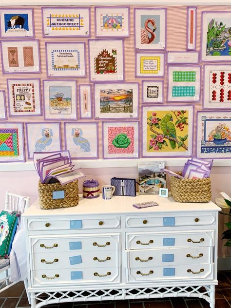 Needlepoint for Beginners: a Complete Starter's Guide | Carly A. Hill Cross Stitch Gallery Wall, Needlepoint Display Ideas, Cool Needlepoint, Needlepoint Gift Ideas, Preppy Cross Stitch, Needle Point Canvas, Framed Needlepoint Art, Hamptons Apartment, Needlepoint Storage