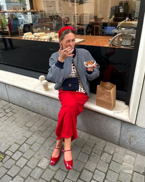 Tin Vcb op Instagram: "Me ❤️ red dress & striped bomber Jacket & red mary-Janes Can’t get over this outfit, fully from @collectorsclub_official ! It’s an…" Red Flats Outfit, Red Skirt Outfits, Mary Jane Outfit, Ballet Flats Outfit, Flats Outfit, Red Dress Outfit, Red Dress Maxi, Looks Street Style, Red Skirts