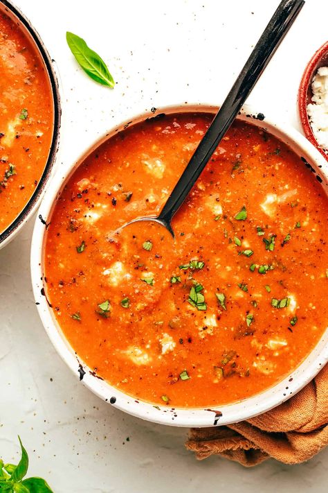 Tomato Feta Soup, Feta Soup, Blue Zones Recipes, Artichoke Soup, Tomato Season, Creamy Tomato Soup, Baked Tomatoes, Gimme Some Oven, Tomato Basil Soup