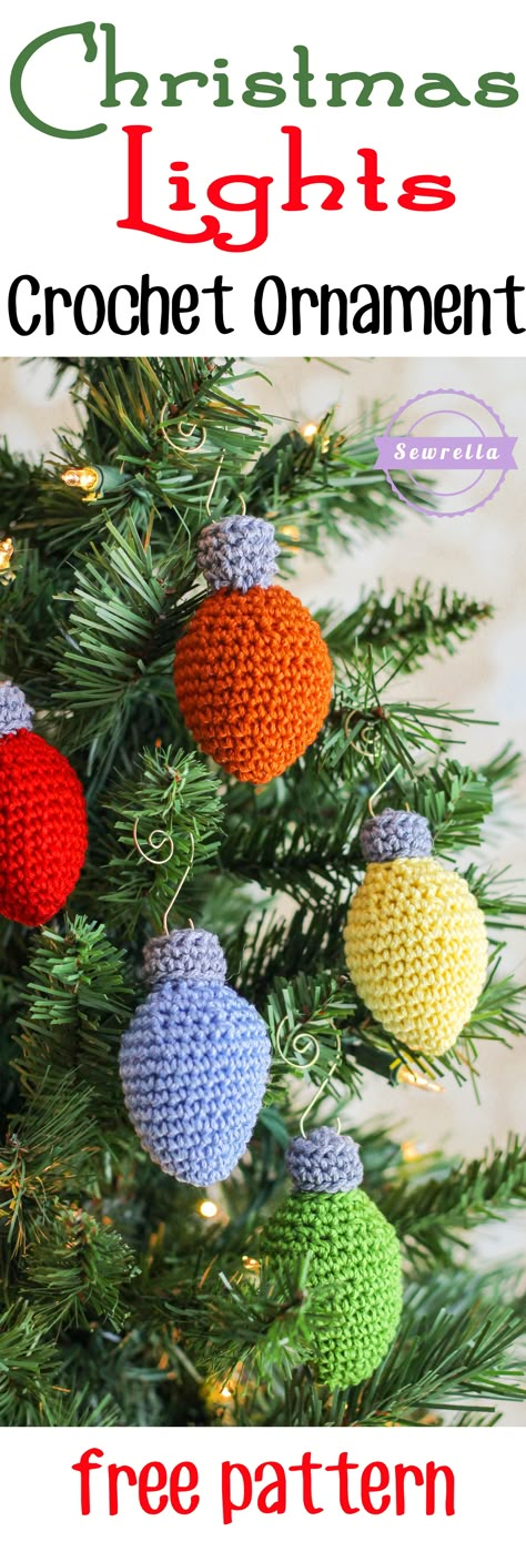 Christmas Lights Crochet Ornament | 25 Days of Christmas Traditions Crochet-a-Long | Free Pattern from Sewrella Crochet Christmas Lights, Lightbulb Ornaments, Crocheted Ornaments, Crocheted Christmas, Confection Au Crochet, Christmas Light Ornament, Crochet Xmas, Crochet Christmas Decorations, Crochet Christmas Trees