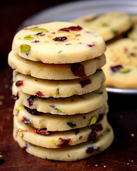 This is the highlight of my Christmas every year! Smells great too! Cranberry Pistachio Shortbread Cookies, Cranberry Pistachio Shortbread, Pistachio Shortbread Cookies, Pistachio Shortbread, Pistachio Cookies, Cranberry Pistachio, Eggless Desserts, Shortbread Cookie Recipe, Granola Recipe