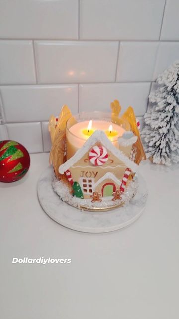 Gingerbread House Candle Holder, Dollar Tree Gingerbread Diy Crafts, Dollar Tree Gingerbread Crafts, Dollar Tree Christmas Candle Holder Diy, Diy Candle Holders Christmas, Diy Gingerbread Tree, Gingerbread Crafts Diy, Diy Holiday Candle Holders, Diy Christmas Candle Holders