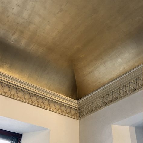 White And Gold Ceiling, Gold Molding, Marble Ceiling, Gold Ceiling Bedroom, Brass Ceiling, Domed Ceiling, Coved Ceiling Paint Ideas, Ceiling Feature, Gold Foil Ceiling