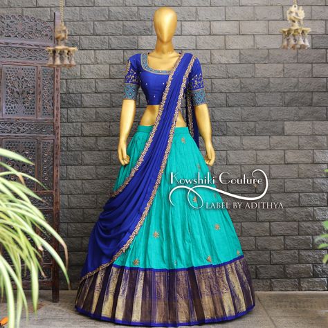 This Half saree can be customised in any size from the house of Kowshiki.⁠ Whatsapp us @ 812501875 / 7794944012 for order and queries..⁠ We have world wide shipping.⁠  #TraditionalHalfSaree #LehengaSet #HandworkBlouse #WorldwideShipping #DMToOrder #ElegantDesigns Half Saree Models, Half Saree Models Latest, Kerala Half Saree Designs, Kanchi Pattu Lehenga Half Saree, Kerala Half Saree, Pattu Lehenga Half Saree, Traditional Half Saree Designs, Frocks For Women Party, Langa Voni Half Saree