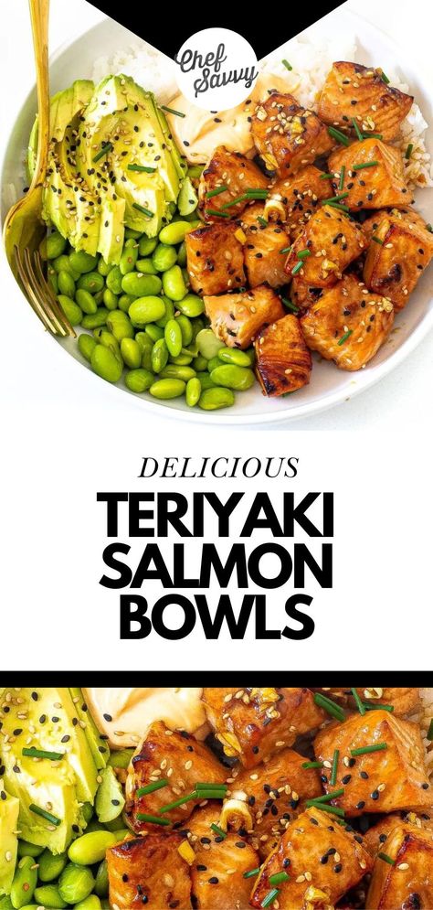 Save this Easy Healthy Teriyaki Salmon Bowls Recipe. Teriyaki Salmon Bowls combine savory sweet salmon bites with fluffy rice and vibrant vegetables to create a well-balanced and wholesome meal! Served with a delicious spicy mayo sauce! Have these delicious bowls ready in under 30 minutes for an easy weeknight meal! Follow Chef Savvy for more Under 30 Minute Easy Meals! 30 Minute Salmon Bowl, Salmon Bite Bowl, Easy Salmon And Rice Recipes, Teriyaki Salmon Bowl Recipe, Macro Friendly Salmon Recipes, Cooked Salmon Bowl, Salmon With Quinoa Recipe, Salmon Bowls Recipes, Salmon Bowl Ideas