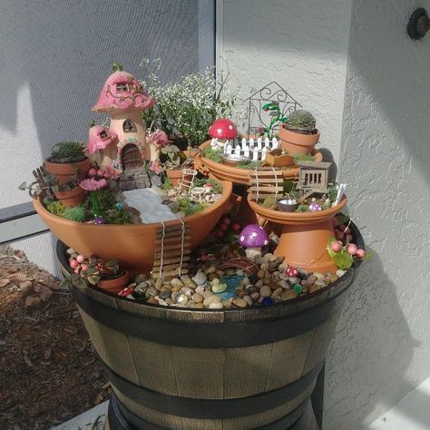 Front Porch Fairy Garden, Multi Level Fairy Garden, Potted Fairy Garden Ideas, Tiered Fairy Garden, Fair Garden Ideas Diy, Container Fairy Garden Ideas, Gnome Village Ideas, Small Fairy Garden Ideas, Fairy Garden Pot Ideas