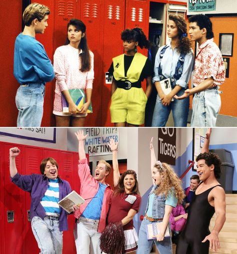 Saved By The Bell Fashion, Saved By The Bell Outfits, 80s Inspired Outfits, Bell Pictures, Kelly Kapowski, Zack Morris, Then And Now Photos, 90s Memories, 90s Men