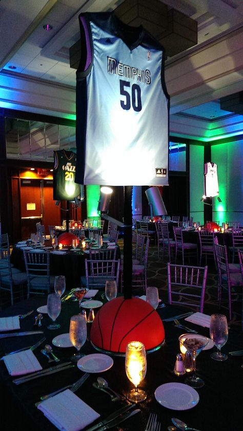 Basketball and jersey centerpiece | The Prop Factory | Flickr Jersey Theme Party Decorations, Jersey Centerpiece, Basketball Centerpiece Ideas, 90s Vs 2000s, Bar Mitzvah Baseball Theme, Basketball Snacks, Vs 2000s, Basketball Centerpieces, Basketball Banquet