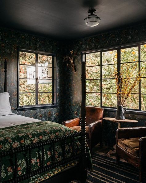 A Beautiful 1920s Spanish-Style Villa in Los Feliz - The Nordroom 1920s Style Bedroom, Black Painted Ceiling, Magic Chicken, 4 Poster Bed, Dark Floral Wallpaper, Dark Wooden Floor, 4 Poster Beds, Moody Bedroom, Feminine Bedroom