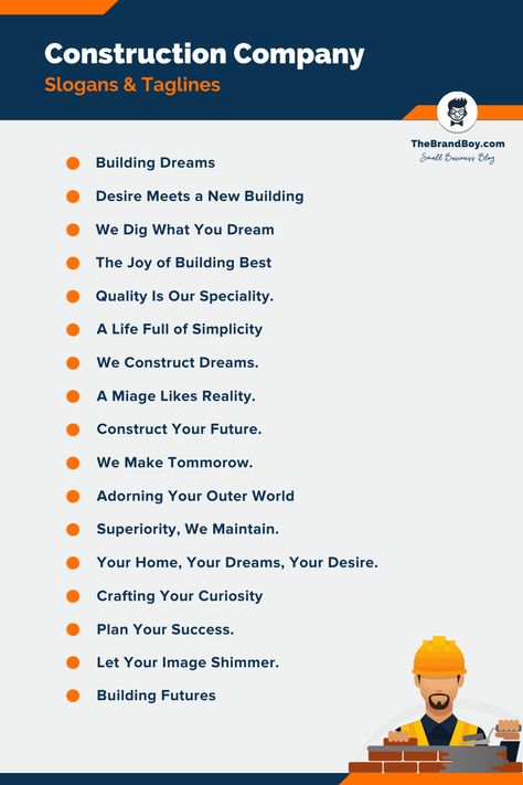 173+ Catchy Construction Company Slogans and Taglines Slogan For Construction Company, Construction Slogans Ideas, Construction Firm Names Ideas, Company Slogans Ideas, Construction Content Ideas, Construction Company Social Media, Business Slogans Ideas, Company Card Design, Company Taglines