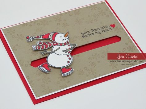 How to Make a Snowman Slider Card - Lisa's Stamp Studio Stampin Up Spinner Card Tutorial, Spinner Christmas Cards, Spinner Card Tutorial, Snowman Christmas Cards Diy, Stampin Up Snow Much Fun, Stampin Up Slider Card Tutorial, Stampin Up Slider Cards, Snowman Magic Bundle Stampin Up Cards, Winter Cards Diy