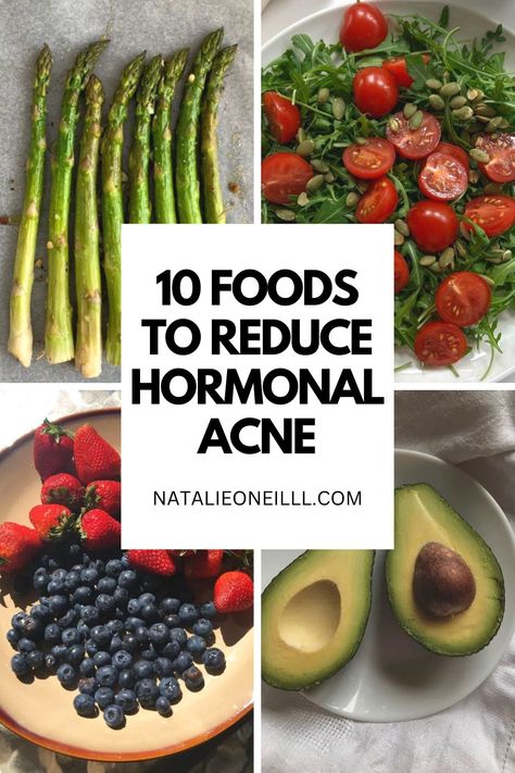 10 foods to reduce hormonal acne. A photo of healthy foods and a link to a blog post on what foods to eat for hormonal acne to balance hormones. Meals For Hormonal Acne, Hormonal Acne Recipes, Recipes For Hormonal Acne, Acne Food Diet, Foods That Trigger Acne, Acne Trigger Foods, Hormonal Chin Acne, Foods For Hormonal Acne, Acne Foods To Eat