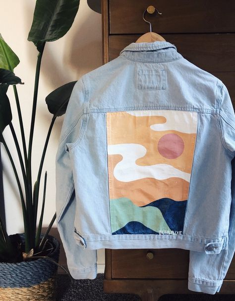 Denim Jackets — Buhlaixe Studio Hand Painted Sweatpants, Denim Jacket Custom Paint, Jacket Painting Aesthetic, Painting Jeans Jacket, Denim Jacket Painting Ideas Aesthetic, Jean Jacket Custom, Denim Painting Jacket, Painting On Jackets, Jeans Jacket Painting