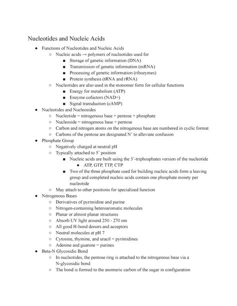 CHEM 527 Exam 3 Notes - Spring 2023 - Nucleotides and Nucleic Acids ● Functions of Nucleotides and - Studocu Nucleic Acid Notes, Lewis Structure Chemistry Notes, Intermolecular Forces Chemistry Notes, Dna Ligase, Nucleotides Notes, Nitrogenous Base, Dna Polymerase, Signal Transduction, Mitochondrial Dna