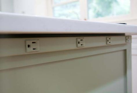 Great idea for extra outlets without seeing them: Under-counter Outlet Strips Outlets In Backsplash, Outlets In Kitchen Island, Kitchen Island Outlet, Under Cabinet Outlets, Kitchen Outlet, Kitchen Outlets, Complete Kitchen Remodel, Led Under Cabinet Lighting, Kitchen Island Design