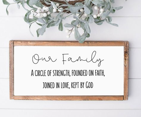 Farmhouse Wood Sign is you finishing touch for your home wall art decor. Lets create your unique wooden sign today for any place in home: Kitchen, bedroom, living room or entrance way. Each sign is custom design with your custom request by our design team. Rustic Our family wood sign for wall art with bible verse Our Family A circle of strength, founded on faith, joined in love, kept by God. This personalized wood sign will be perfect in your home wall art or gift for your close friend or family Pallet Party Ideas, Picture Frame Store, Wood Signs Bible Verse, Large Poster Frames, Farmhouse Wood Signs, Hanging Quotes, Craft Room Signs, Family Farmhouse, Small Frames