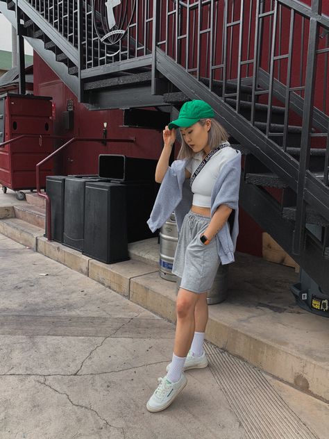 Green cap, gray sweatshirt + sweat shorts, Schrute farms sweater, Reebok sneakers, Fanny pack Green Cap Outfit, Schrute Farms, Cap Outfit, Green Cap, Bucket Hat, Hats, Green, Instagram