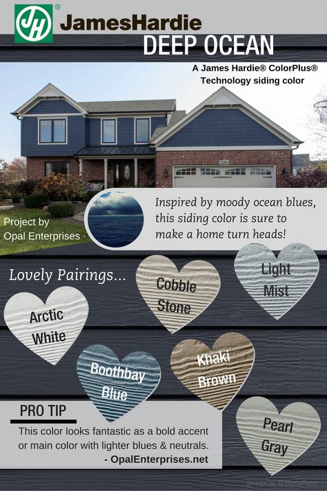 Deep Ocean James Hardie Siding Inspiration Graphic - moody blues, sophisticated, stunning! House With Siding, Hardie Siding Colors, James Hardie Siding Colors, Unique Houses Exterior, Hardie Board Siding, Blue Siding, Hardie Board, Grey Siding, James Hardie Siding