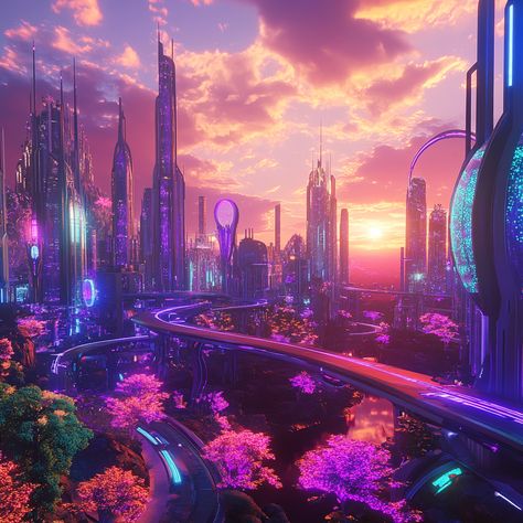 🌆 Explore a Stunning Futuristic Cityscape with Drones and Bioluminescent Plants! This vibrant city features sleek architecture, hovering parks, and glowing flora, all set against a mesmerizing sunset. A perfect blend of innovation and nature! ✨ #FuturisticCity #BioluminescentBeauty #DroneLife #midjourney Bioluminescent Plants, Futuristic City Utopia, Sleek Architecture, Alien City, Futuristic Cities, Solar Punk, Futuristic World, Futuristic Cityscape, Purple City