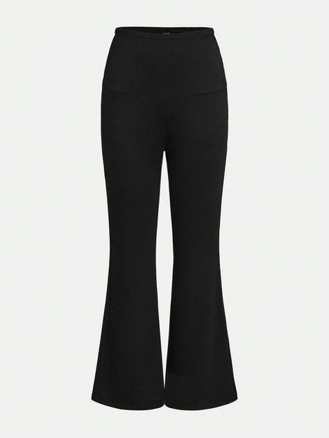 Teenage Girls Flared Waistband Double Layer Leggings, Black Versatile Casual Sports Pants Black    Fabric   Medium Stretch  Teen Girls Clothing, size features are:Bust: ,Length: ,Sleeve Length: Cute Clothes For Teenagers, Cute Black Pants, Black Flare Leggings, Black Flared Leggings, Black Flare Pants, Girl Sweatpants, Drop Shoulder Cardigan, Flare Legging, Basic Leggings