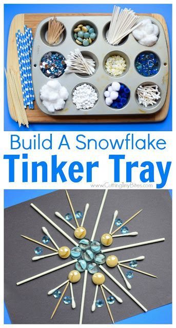 Winter STEM- Build A Snowflake Tinker Tray.  Use loose parts to build snowflakes.  Explore radial symmetry as you incorporate math, science, fine motor work, and creativity in this activity for preschoolers, kindergartners, and elementary kids. Build A Snowflake, Winter Stem, Tinker Tray, Radial Symmetry, Activity For Preschoolers, Winter Kindergarten, Winter Activities For Kids, Winter Preschool, Invitation To Play