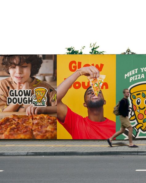 Glow Dough pizza branding (part 2/3) From dynamic billboards to inviting posters and innovative pizza box packaging, each design element weaves together a story that’s as unique as the pizzeria itself. Notice the playful use of graphic elements — mushrooms, basil, and pepperoni — each chosen for their visual appeal and relevance to pizza making, enhancing the food brand identity. These icons not only decorate but also communicate Glow Dough’s commitment to fresh, flavorful ingredients. W... Pizza Design Ideas, Pizza Advertising Creative, Pizza Box Packaging, Food Brand Identity, Pizza Poster, Dough Pizza, Pizza Branding, Pizza Shop, Pizza Making