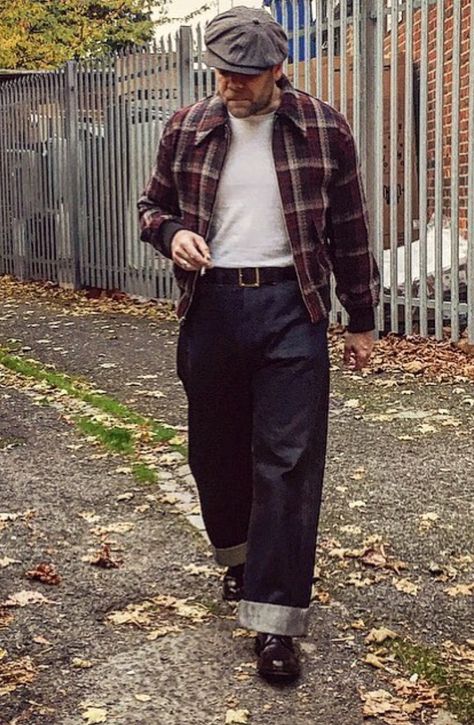 Mens Americana Fashion, Workcore Outfit Man, Jean Work Outfits, Rockabilly Style Men, Americana Fashion Men, Japanese Americana, Mens Wide Leg Jeans, Workwear Vintage, All Black Fashion