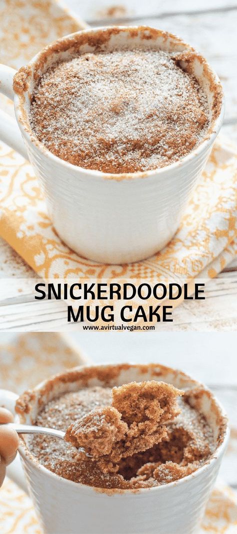 Have dessert ready in minutes with my super quick & easy Snickerdoodle Mug Cake. It's soft, fluffy & cinnamon-y & perfect for when you want something sweet without making a full-blown dessert!  #mugcake #cinnamon #snickerdoodle #vegan via @avirtualvegan Snickerdoodle In A Mug, Snickerdoodle Mug Cake, Cake In A Mug Recipe, Snickerdoodle Recipes, Snickerdoodle Cake, Mug Recipe, Cake In A Mug, Healthy Vegan Snacks, Quick Easy Desserts